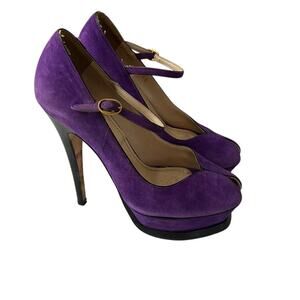 YSL Tribute Mary Jane Platform Pumps Purple High Heels Women Size 35.5